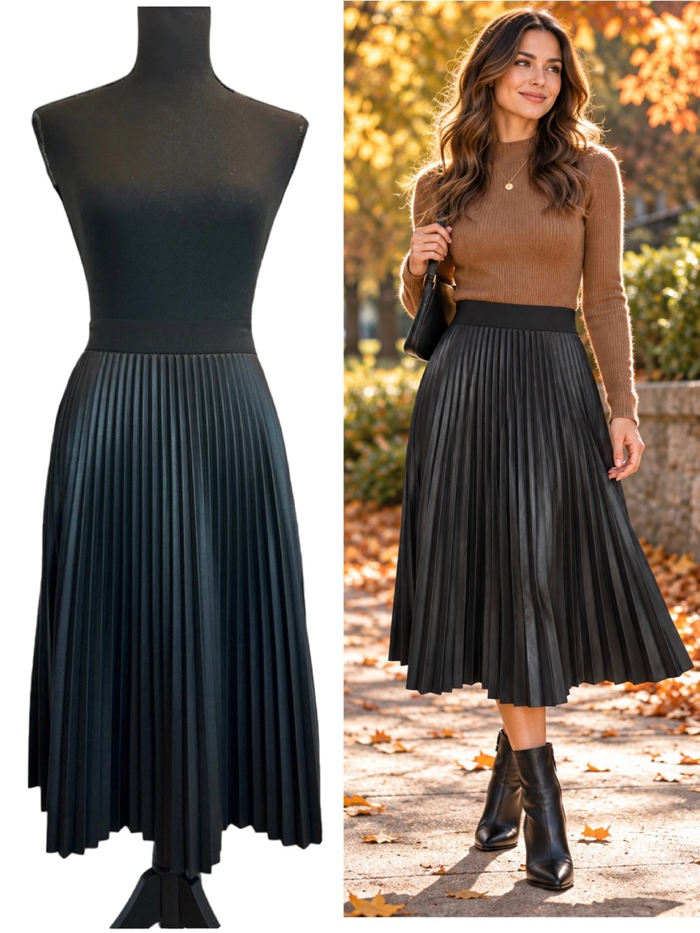 Joe Fresh Black Faux Leather Pleated Midi Skirt M Elastic Waist